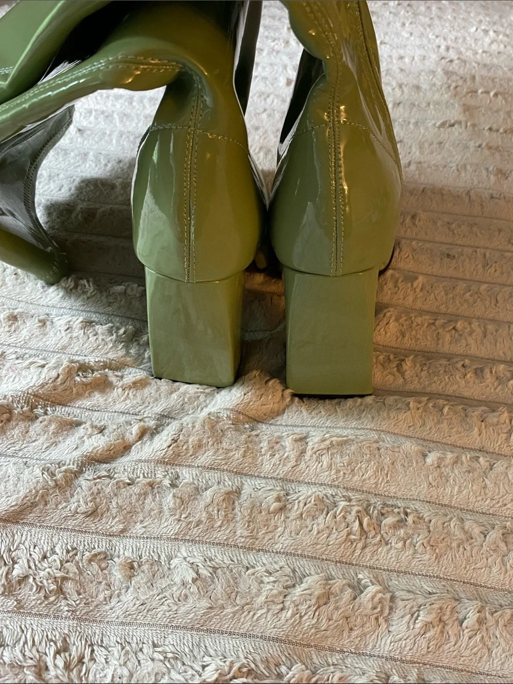 NWOT, Women's Faux Patent Material Mid-Calf Heeled Boots in Light Green